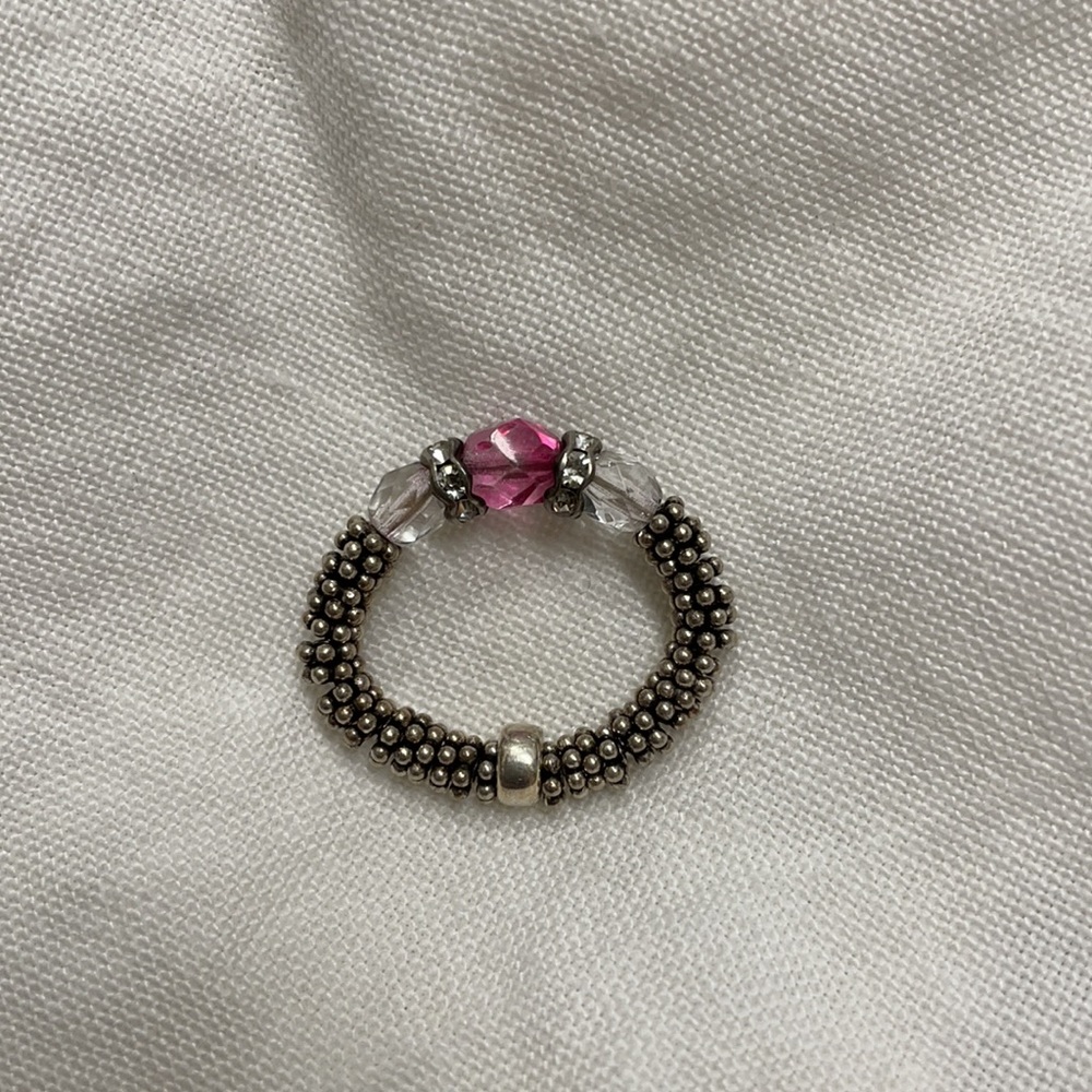 Stretch silver, pink & clear bead, rhinestone Ring